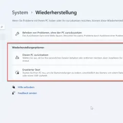 Windows-Einstellungen: PC neu aufsetzen. Optionen zur Wiederherstellung des Systems, um den PC zurückzusetzen oder den erweiterten Start zu nutzen.