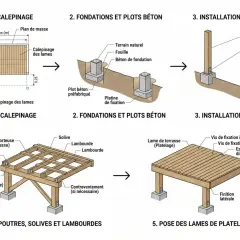 Schéma de construction d'une terrasse : fondations, pilotis, poutres, solives et pose des lames de terrasse.