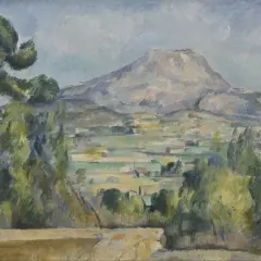 Krajobraz z widokiem na górę Świętej Wiktorii, dzieło Paula Cézanne'a. W oddali majaczy masyw górski, a na pierwszym planie bujna zieleń drzew.