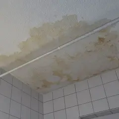 Decken- und Wandflecken deuten auf eine feuchte Wand hin, die saniert werden muss.