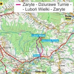 Trasa Zaryte - Dziurawe Turnie - Luboń Wielki. Mapa turystyczna z zaznaczonymi szlakami, w tym luboń trasa.