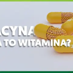 Żółte kapsułki wypełnione małymi kuleczkami z oznaczeniem B3. Tekst pyta: "NIACYNA JAKA TO WITAMINA?". Witamina PP, czyli niacyna, jest kluczowa dla zdrowia.