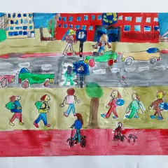 Kinder auf dem Weg zur Schule. Ein bunter Schulweg, der als bewertungsbogen kunst grundschule dienen könnte.