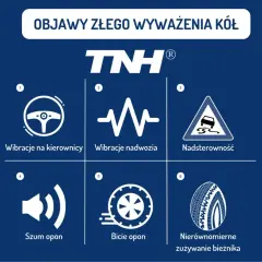 Objawy złego wyważenia kół: wibracje kierownicy, nadwozia, nadsterowność, szum i bicie opon, nierównomierne zużycie bieżnika. Warto wyważać koła co roku.
