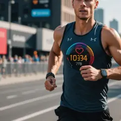 Biegacz na maratonie, z widocznym na koszulce wskaźnikiem tętna, osiąga tętno anaerobowe.