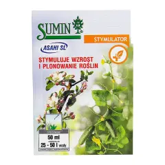Opakowanie stymulatora SUMIN ASAHI SL. Opisuje dawkowanie: 50 ml na 25-50 l wody, dla lepszego wzrostu i plonowania roślin.