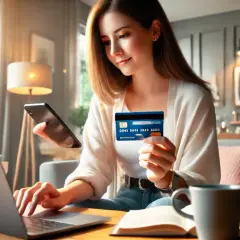 Kobieta z kartą kredytową i telefonem uczy się, jak zapłacić Paypo, wpisując dane na laptopie.