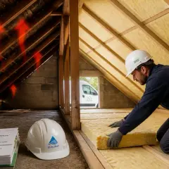 Un ouvrier installe une isolation dans un grenier. Les flèches rouges indiquent la perte de chaleur. Découvrez le prix de l'isolation des combles pour un meilleur confort.
