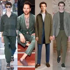Męskie stylizacje w odcieniach **kolor sage**: od casualowych bojówek po eleganckie garnitury i płaszcze.