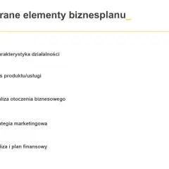 Wybrane elementy biznesplanu: charakterystyka, opis produktu, analiza otoczenia, strategia marketingowa, analiza finansowa.