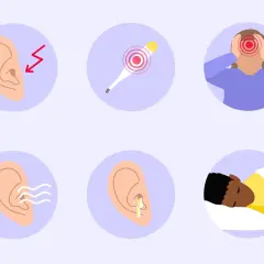 Symptômes d'une infection de l'oreille : douleur, fièvre, maux de tête, bourdonnements, écoulement et sommeil perturbé.