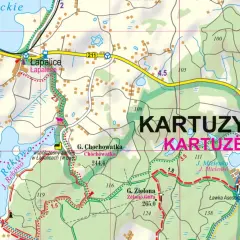 Fragment mapy turystycznej przedstawiający jeziora i miejscowości w **Kaszubskim Parku Krajobrazowym**, w tym Kartuzy.