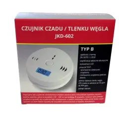 Biały czujnik czadu z wyświetlaczem LCD pokazującym "030" na tle czerwonego opakowania.