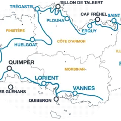 Carte des routes touristiques en Bretagne, idéale pour un voyage en camping-car. Découvrez Brest, Quimper, Rennes, Saint-Malo et le Mont Saint-Michel.