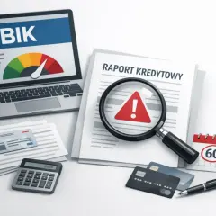 Raport kredytowy z ostrzeżeniem. Czy bank może usunąć wpis w BIK? Kalkulator, karty, lupa i kalendarz sugerują analizę finansową.