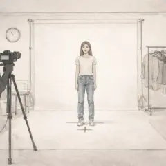 Sesja zdjęciowa modelki w studiu, fotograf z aparatem, wieszaki z ubraniami.
