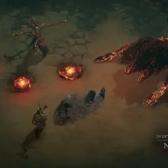 W mrocznych podziemiach koszmarów Diablo 4, wojownik stawia czoła płonącemu potworowi i demonicznej postaci, otoczeni ognistymi kręgami.