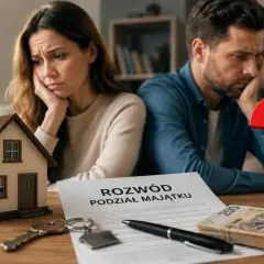 Para zmartwiona przy stole z dokumentem "Rozwód Podział Majątku", miniaturką domu, kluczami, pieniędzmi i znakiem zapytania.