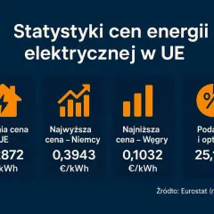 Statystyki cen energii elektrycznej w UE: średnia 0,2872 €/kWh, najwyższa w Niemczech 0,3943 €/kWh, najniższa na Węgrzech 0,1032 €/kWh. Podatki i opłaty 25,1%.