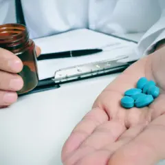 Lekarz podaje kilka niebieskich tabletek, prawdopodobnie ketoprofen, na dłoń.