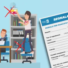Uomo al telefono, donna su sgabello rischia caduta. Modulo segnalazione near miss sicurezza sul lavoro.