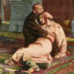 Ivan el Terrible abraza a su hijo moribundo, con sangre en el suelo.