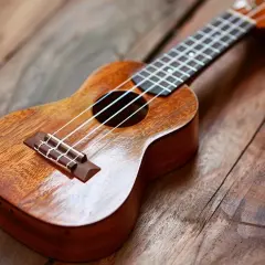 Drewniane ukulele dla dorosłych, gotowe do tworzenia melodii na rustykalnym tle.