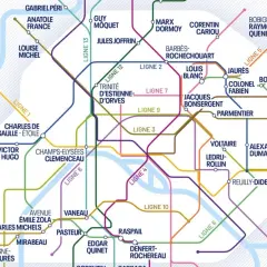 Plan du métro parisien avec les lignes 1, 3, 4, 5, 6, 7, 8, 9, 10, 12, 13, et 7 bis. Le Panthéon n'est pas directement indiqué, mais des stations comme Luxembourg ou Odéon (non visibles) sont proches.