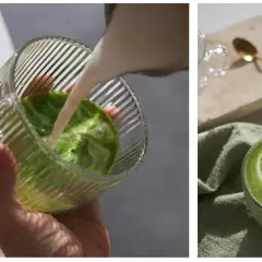 Jak przygotować herbatę matcha: spienione mleko wlewane do zielonego napoju w szklance, a obok gotowy napój z pianką latte art.
