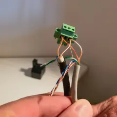 Connexion de fils électriques à un domino vert. Un câble noir et un câble gris sont dénudés, leurs fils colorés prêts pour le domino.