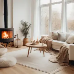 Przytulny salon z palącym się kominkiem, wygodną kanapą i fotelem. Idealne miejsce na relaks, nawet gdy za oknem jesienna aura.