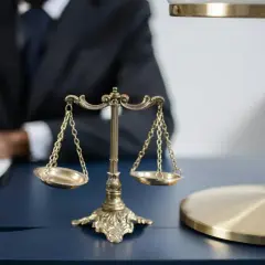 Ein Anwalt im Anzug schreibt in ein Notizbuch, im Vordergrund eine Waage der Gerechtigkeit und ein Lampenfuß in extremo rechts.