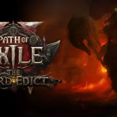 Mroczny wojownik z toporem w płomieniach, obok logo Path of Exile 2 po polsku.