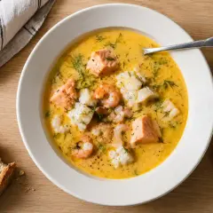 En krämig fisksoppa med lax, torsk och räkor, perfekt för ett gott fisksoppa recept. Serveras med bröd och citron.