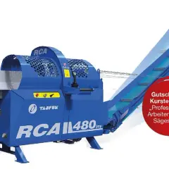 Blauer Sägespaltautomat Tajfun RCA 480 joy mit Förderband. Ideal für professionelles Arbeiten mit dem Sägespalter.