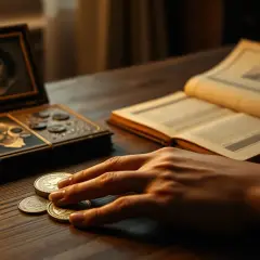 Dłoń sięga po monety przy otwartym senniku. Czy to symboliczny gest, by dać pieniądze zmarłemu?