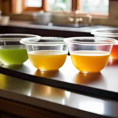 Quatre bols transparents contiennent des liquides colorés : vert, jaune, orange et rouge. Ils sont prêts à être transformés en gelée avec de la pectine ou de l'agar agar.
