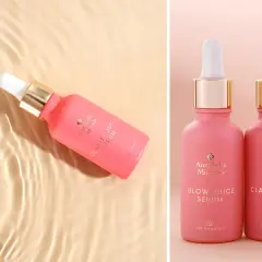 Różowe serum Annabelle Minerals z niacynamidem na trądzik, obok serum z witaminą C.