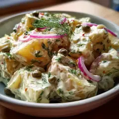 Krämig potatissallad med dill, kapris och rödlök, perfekt som potatissallad till grillat.
