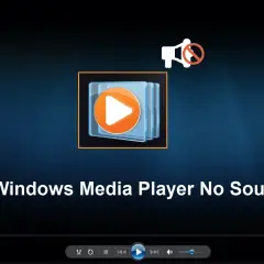 Ikona odtwarzacza z przekreślonym głośnikiem. Napis "Fix Windows Media Player No Sound". Może to być związane z brakującym media feature pack.