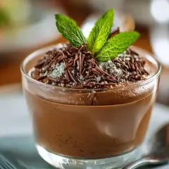 Une coupe de mousse au chocolat onctueuse, garnie de copeaux de chocolat et de menthe fraîche. Parfait pour une recette facile.