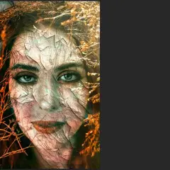 A woman's face with cracked, textured skin, overlaid with dry branches and leaves, showcasing cool textures for Photoshop.