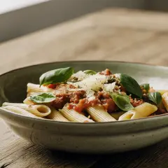 Penne z sosem pomidorowym i tuńczykiem, posypane parmezanem i udekorowane listkami bazylii. Pyszny makaron z tuńczykiem na drewnianym stole.