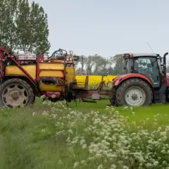 Ciągnik z opryskiwaczem pracuje na polu w słoneczny dzień. W tle kwitnie rzepak, a na pierwszym planie zielona trawa. Idealna pogoda na majowe prace polowe.