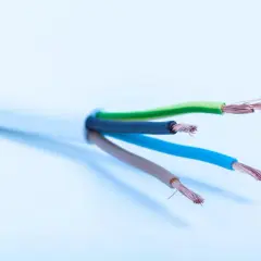 Przewód elektryczny z żyłami w kolorach zielonym, czarnym, niebieskim i brązowym. Idealny, by dowiedzieć się, jaki kabel do oświetlenia ogrodu wybrać.