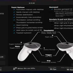 Interface de configuration de vr desktop montrant les options d'entrée et de manette pour les casques VR.