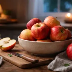 Un bol rempli de pommes rouges et jaunes, prêt à être dégusté le soir. Une pomme coupée en deux sur une planche à découper.