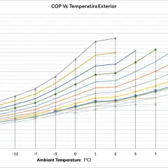 Gráfico muestra la relación entre la temperatura ambiente y el COP. Varias curvas de temperatura del agua de salida ilustran la fórmula COP.