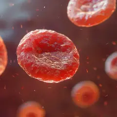 Czerwone krwinki unoszą się w krwiobiegu, a drobne, czerwone cząsteczki sugerują, że płytki krwi niskie.