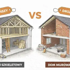 Porównanie budowy: dom szkieletowy tańszy, murowany droższy. Widok przekroju obu budynków, materiały budowlane.